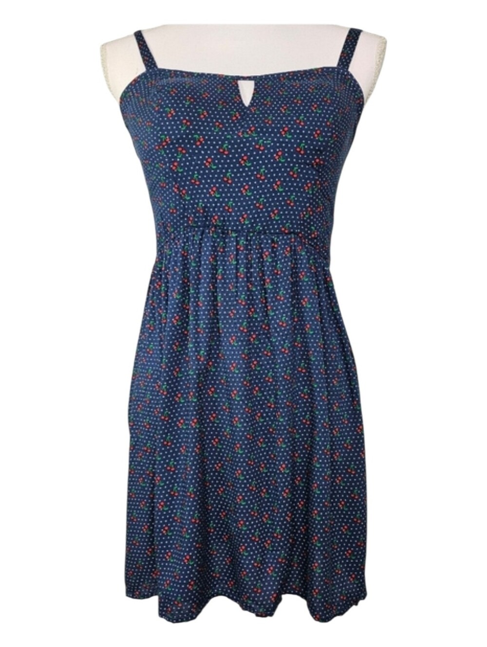 AUW Navy Red Cherries Polka Dot Print Fit Fare Spaghetti Strap Sundress Sizeā XS